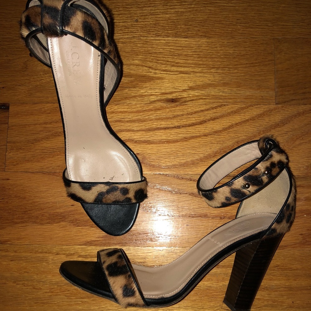 J.Crew leopard print, strappy block heals.